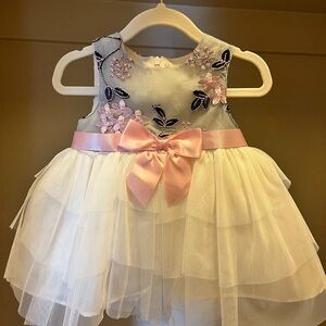 Floral Embroidered Baby Dress with Pink Bow